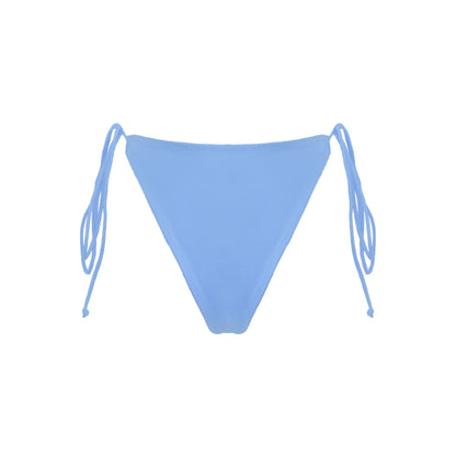 Back view of periwinkle blue Ravello bikini bottom with adjustable side tie straps and cheeky bum coverage.