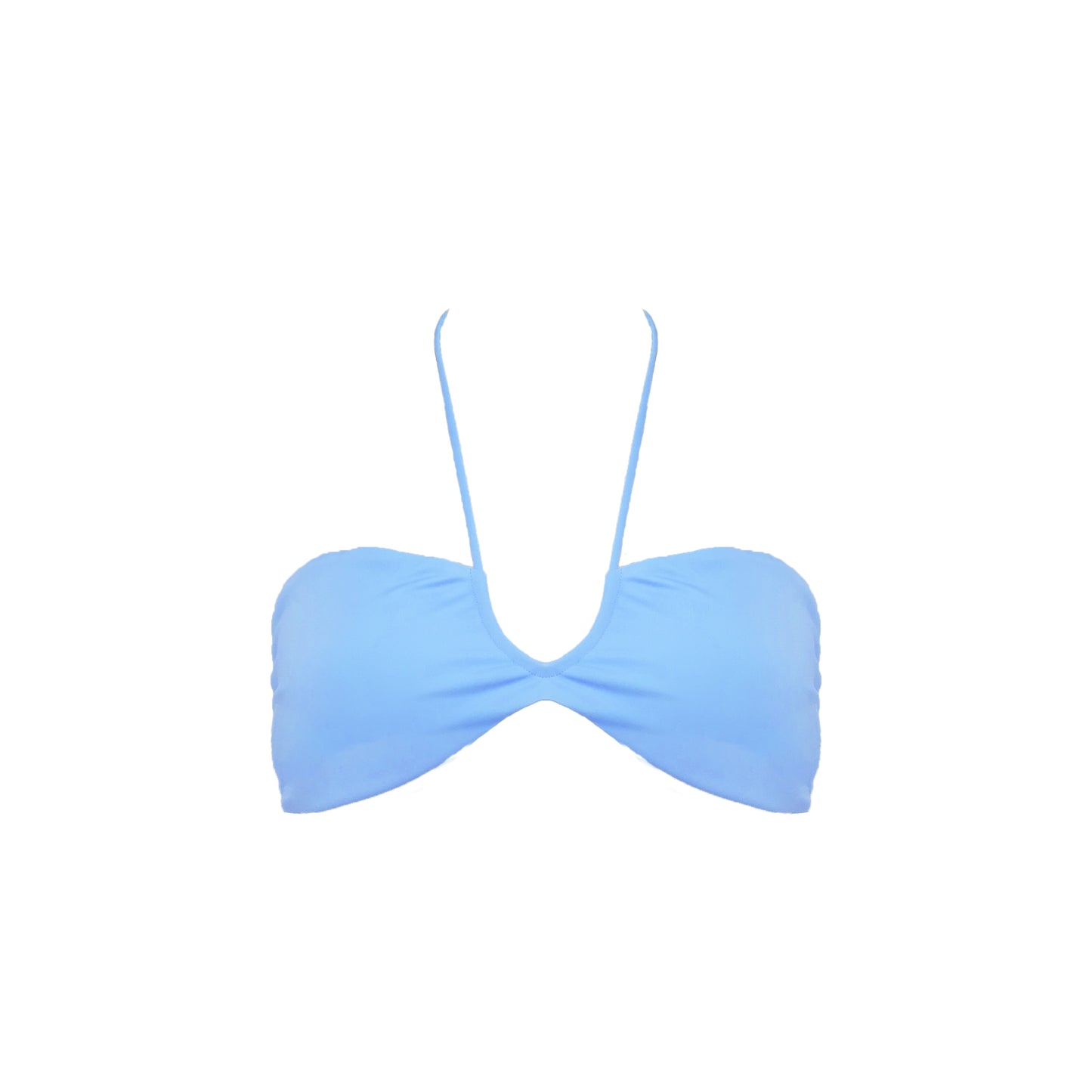 Periwinkle blue strapless bikini top with front halter strap and adjustable tie back.