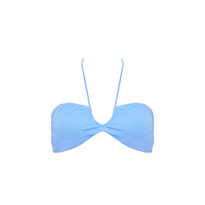 Periwinkle blue strapless bikini top with front halter strap and adjustable tie back.