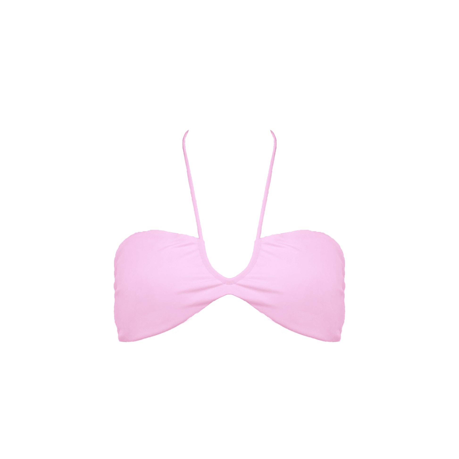 Pastel pink strapless bikini top with front halter strap and adjustable tie back.