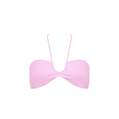 Pastel pink strapless bikini top with front halter strap and adjustable tie back.