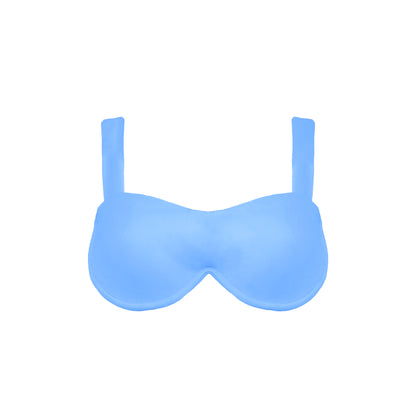 Periwinkle blue straight neck, underwire bikini top with wide shoulder straps and back hook closure.