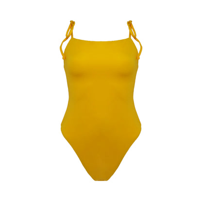 Light bright orange straight neck Tuscany one piece swimsuit with adjustable tie shoulder straps and full bum coverage