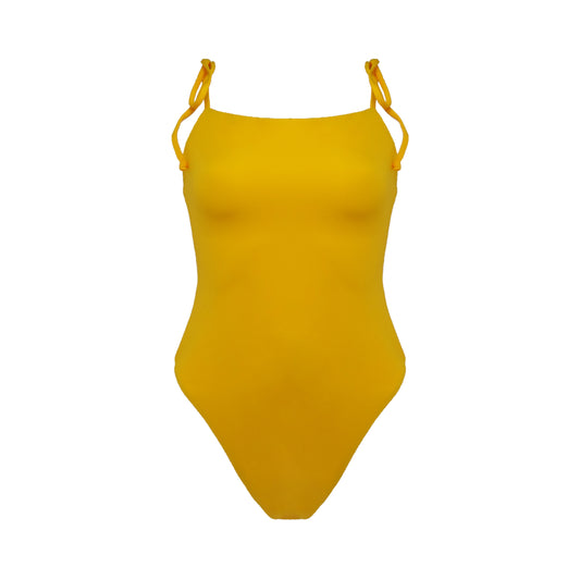 Light bright orange straight neck Tuscany one piece swimsuit with adjustable tie shoulder straps and full bum coverage