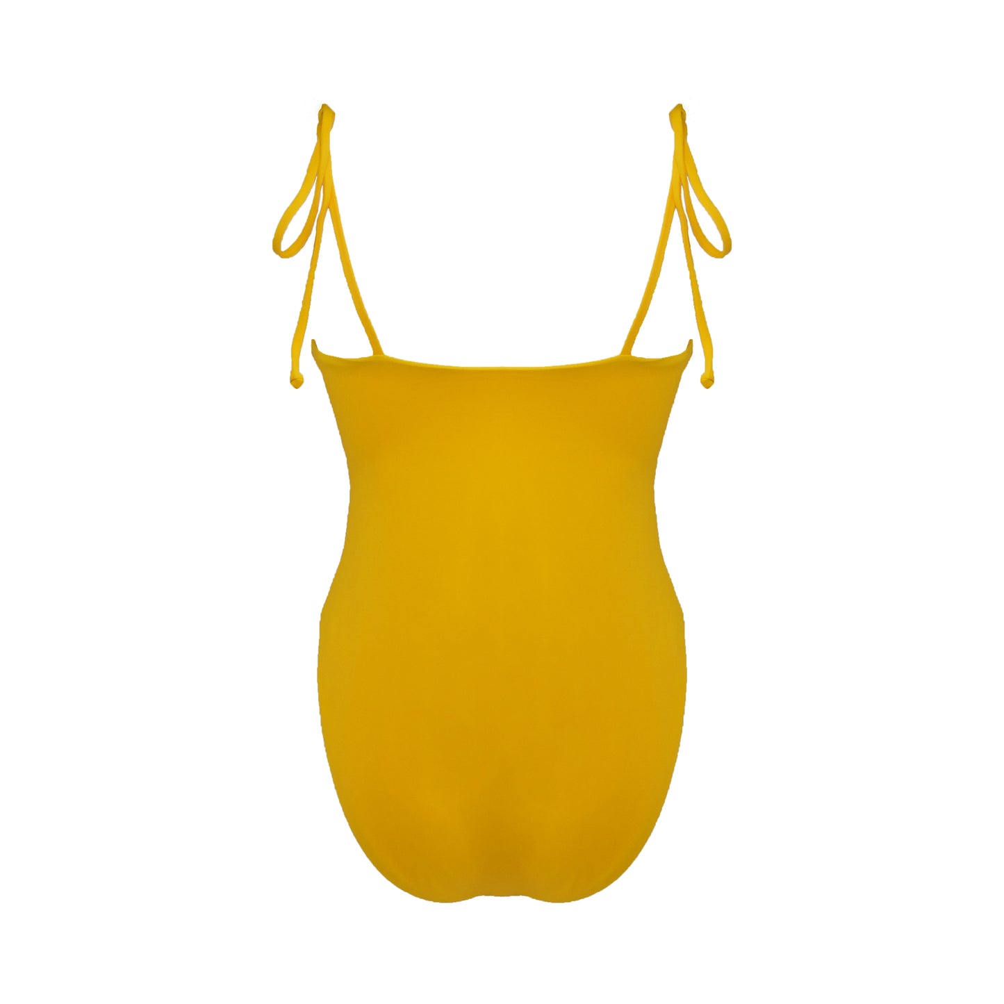 Back view of light bright orange straight neck Tuscany one piece swimsuit with adjustable tie shoulder straps and full bum coverage