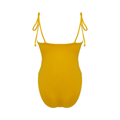 Back view of light bright orange straight neck Tuscany one piece swimsuit with adjustable tie shoulder straps and full bum coverage