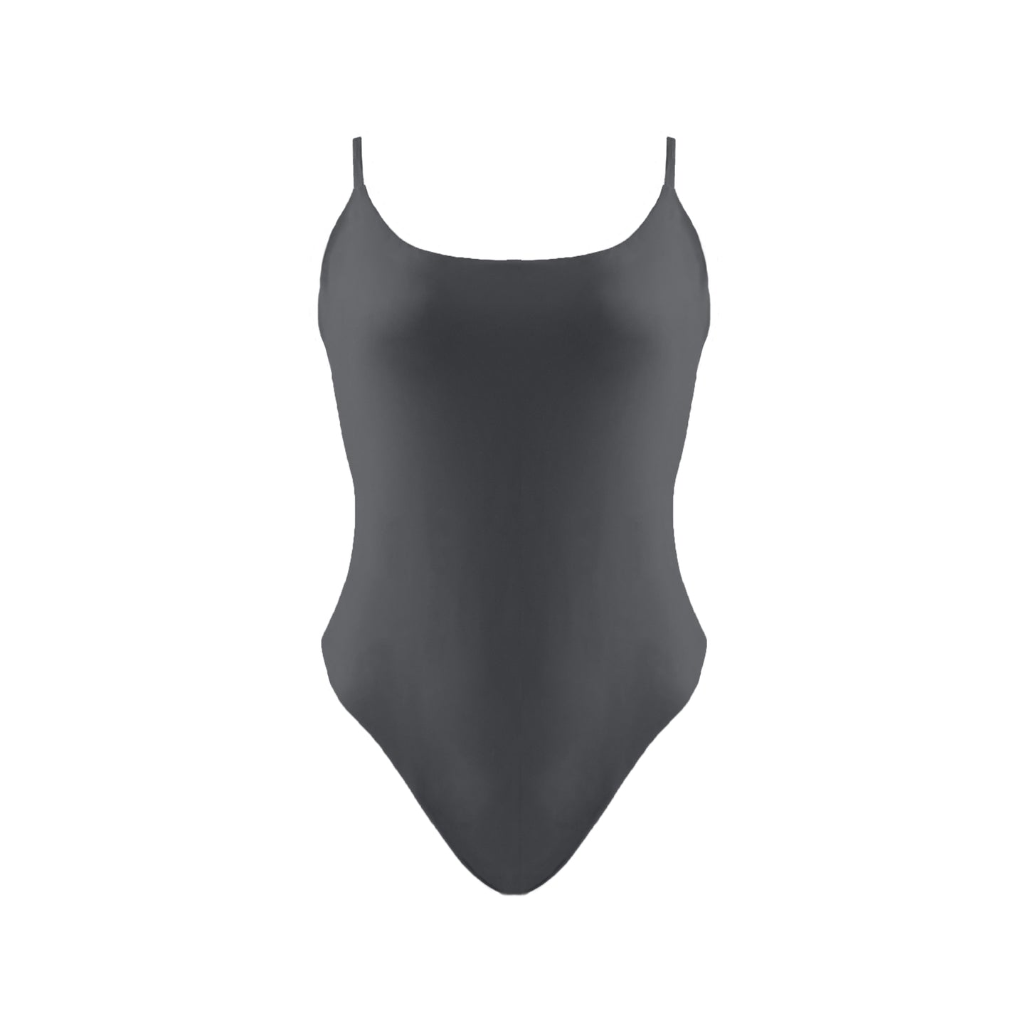 Dark grey Simplistic scoop neck one piece swimsuit with tie back, high cut legs and cheeky bum coverage.