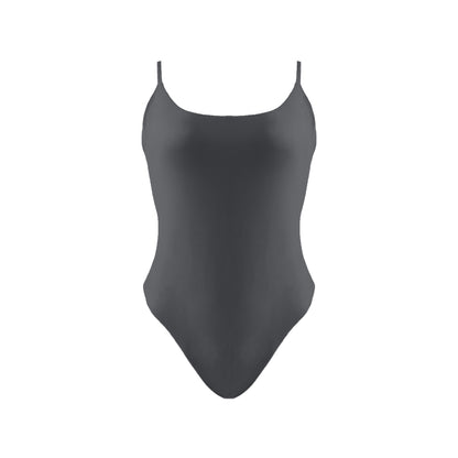 Dark grey Simplistic scoop neck one piece swimsuit with tie back, high cut legs and cheeky bum coverage.