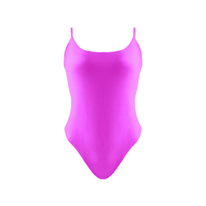 Barbie pink Simplistic scoop neck one piece swimsuit with tie back, high cut legs and cheeky bum coverage.