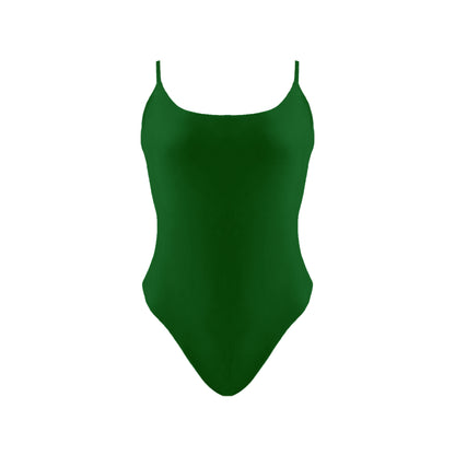Forest Green Simplistic scoop neck one piece swimsuit with tie back, high cut legs and cheeky bum coverage.