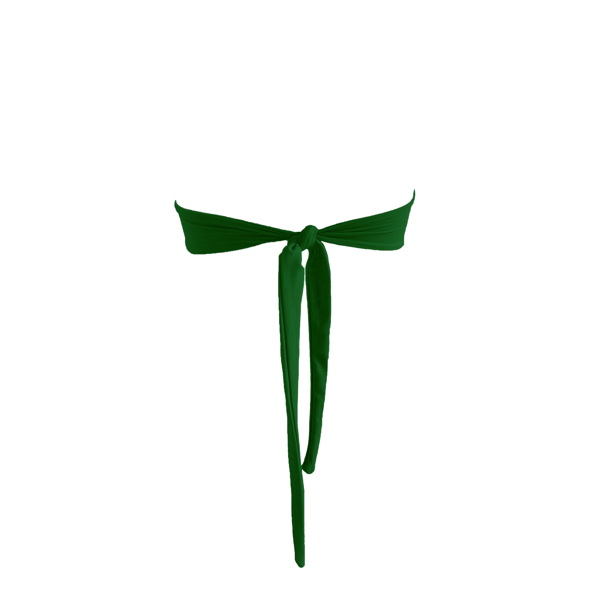 Back of hunter green straight neck, strapless bikini top with inside shelf bra and tie back straps.