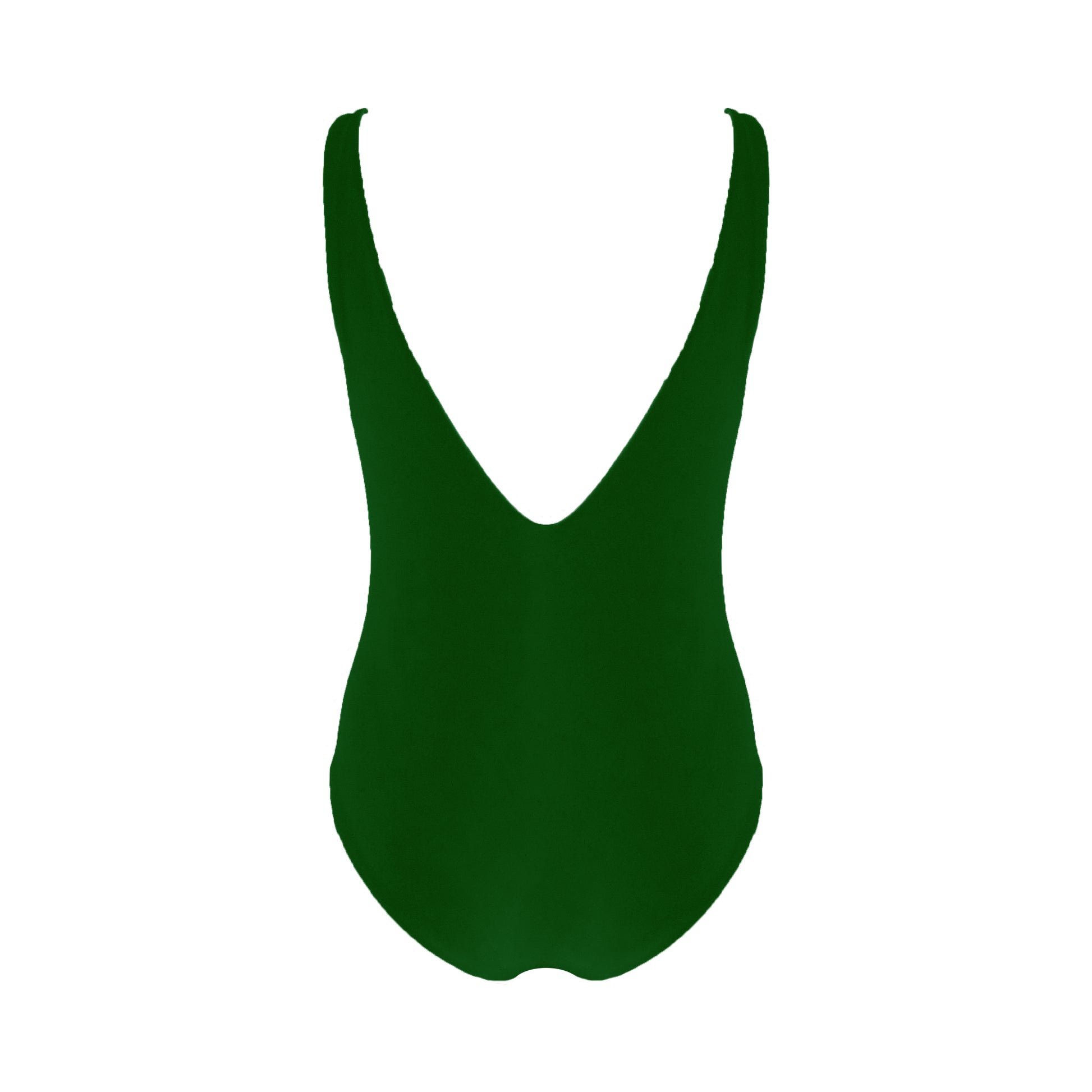 Back view of forest green plunging v-neck one piece swimsuit with low back, high cut legs, and cheeky bum coverage.