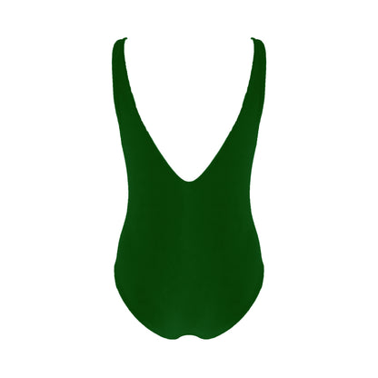 Back view of forest green plunging v-neck one piece swimsuit with low back, high cut legs, and cheeky bum coverage.