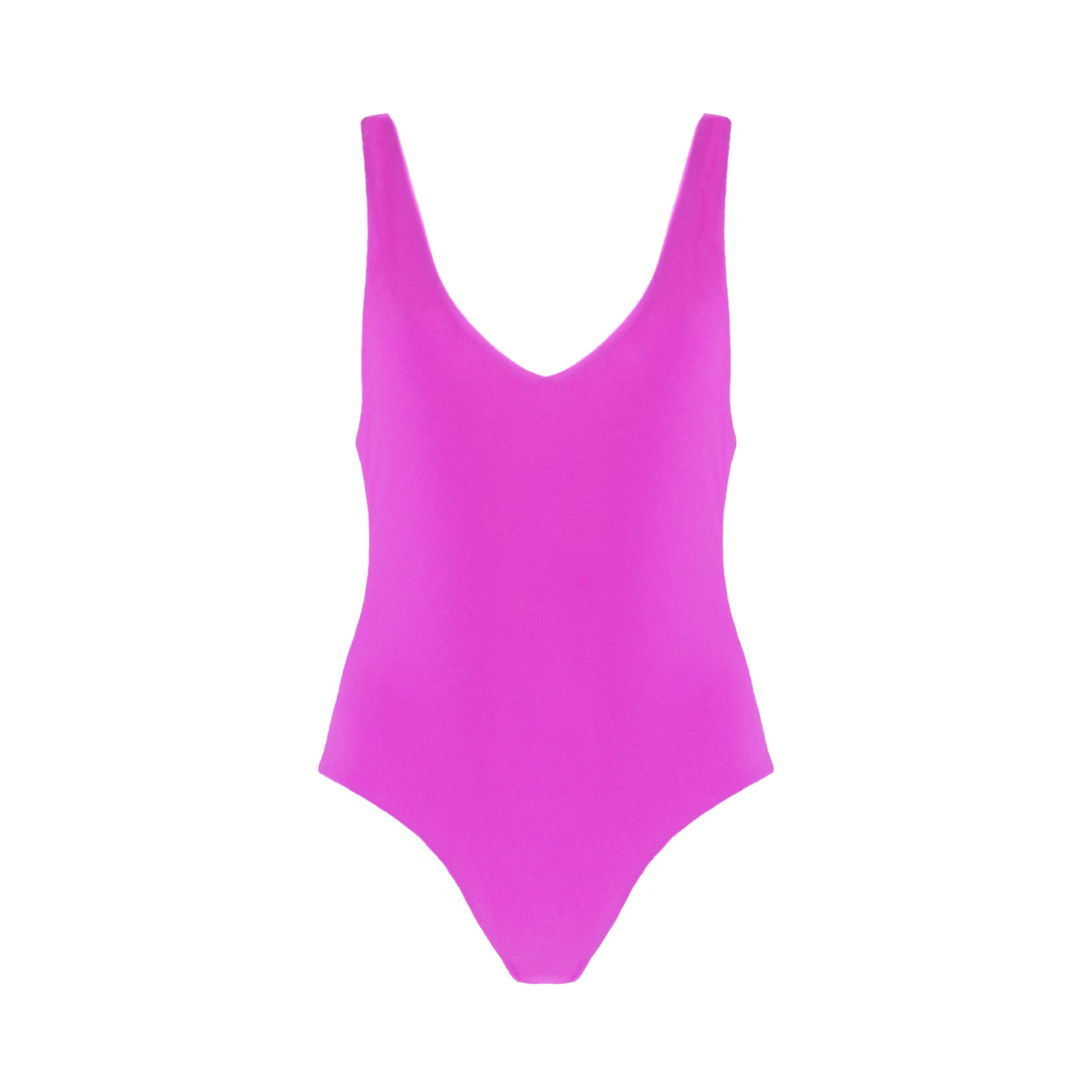 Barbie pink plunging v-neck one piece swimsuit with low back, high cut legs, and cheeky bum coverage.