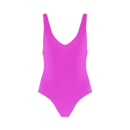 Barbie pink plunging v-neck one piece swimsuit with low back, high cut legs, and cheeky bum coverage.