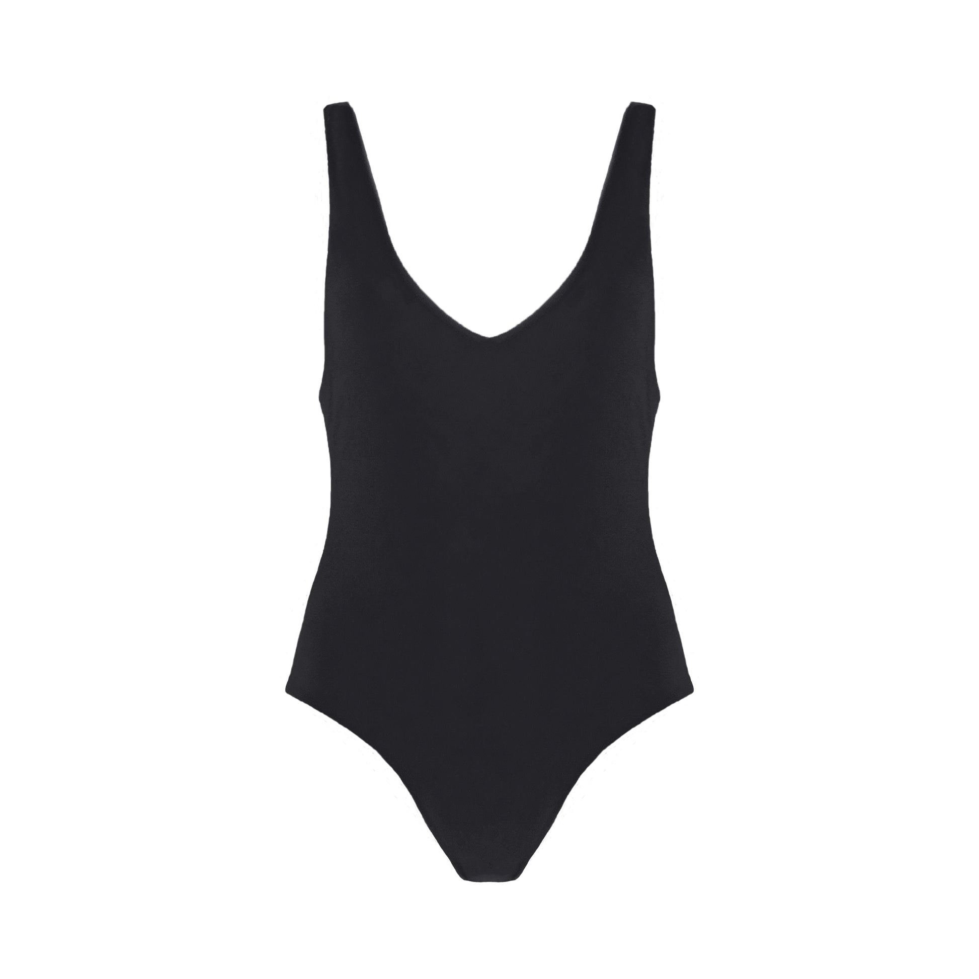 Charcoal grey plunging v-neck one piece swimsuit with low back, high cut legs, and cheeky bum coverage.