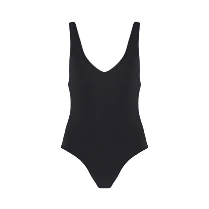 Charcoal grey plunging v-neck one piece swimsuit with low back, high cut legs, and cheeky bum coverage.