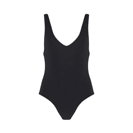 Charcoal grey plunging v-neck one piece swimsuit with low back, high cut legs, and cheeky bum coverage.