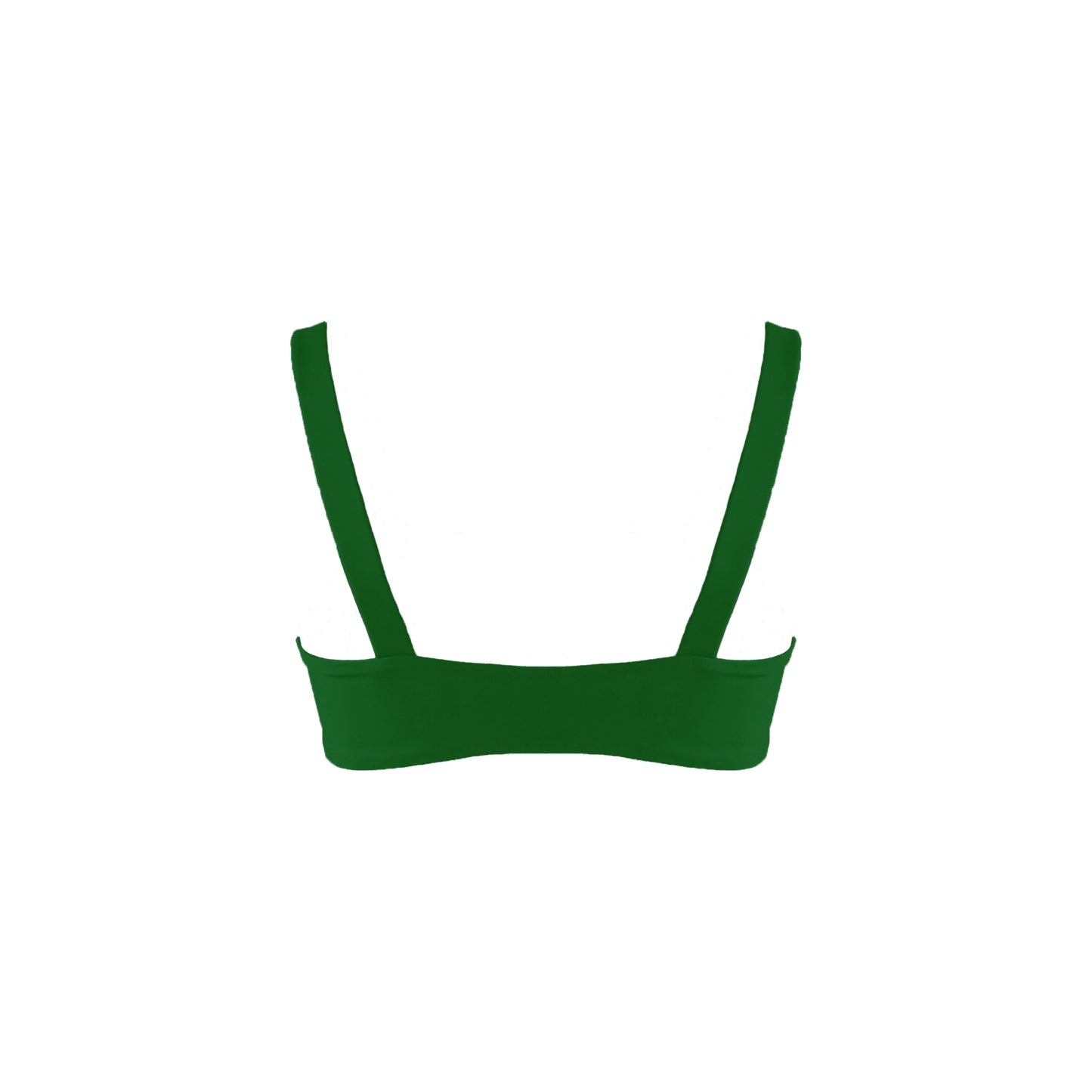 Back view of forest green Straight neck bandeau style bikini top with wide straps.