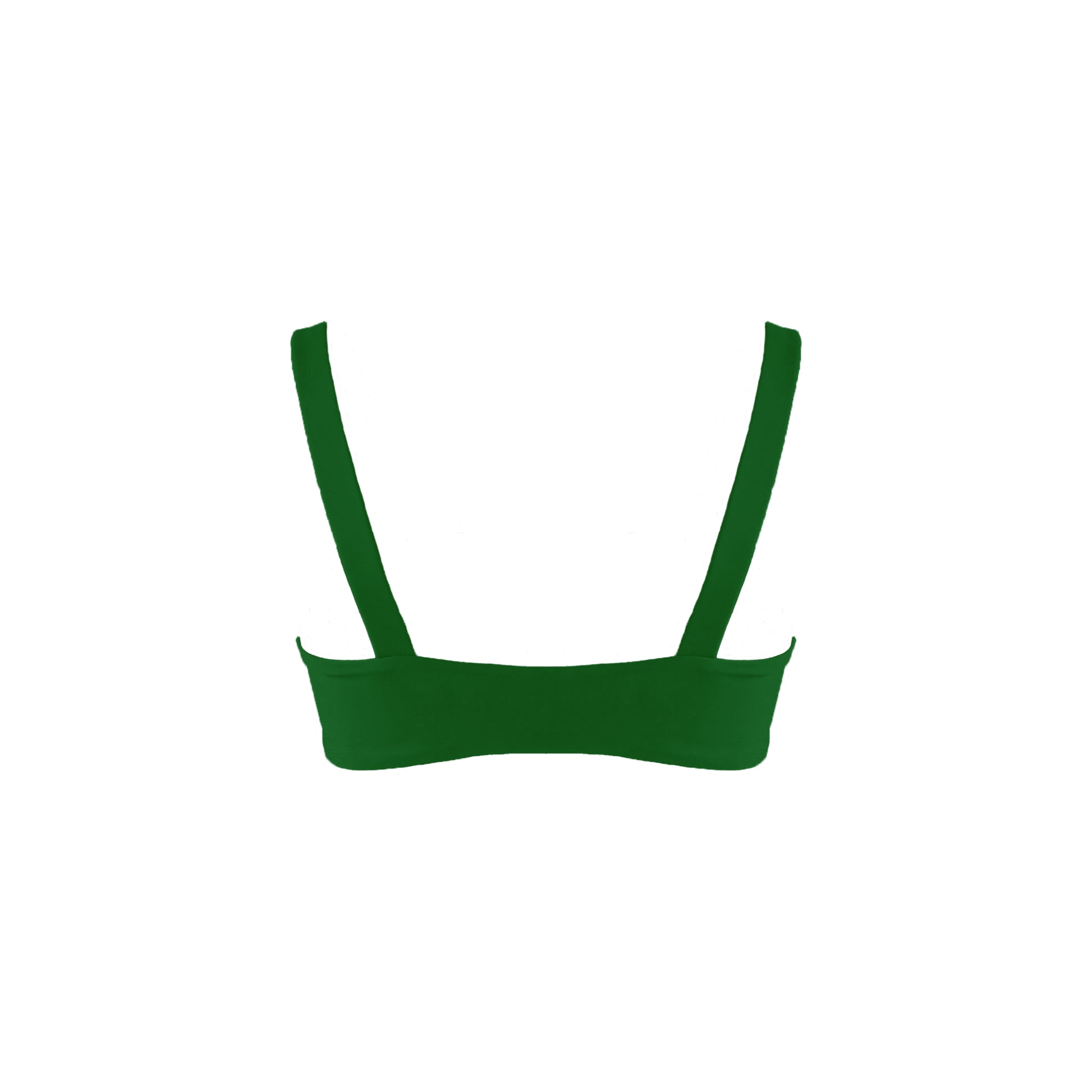 Back view of forest green Straight neck bandeau style bikini top with wide straps.