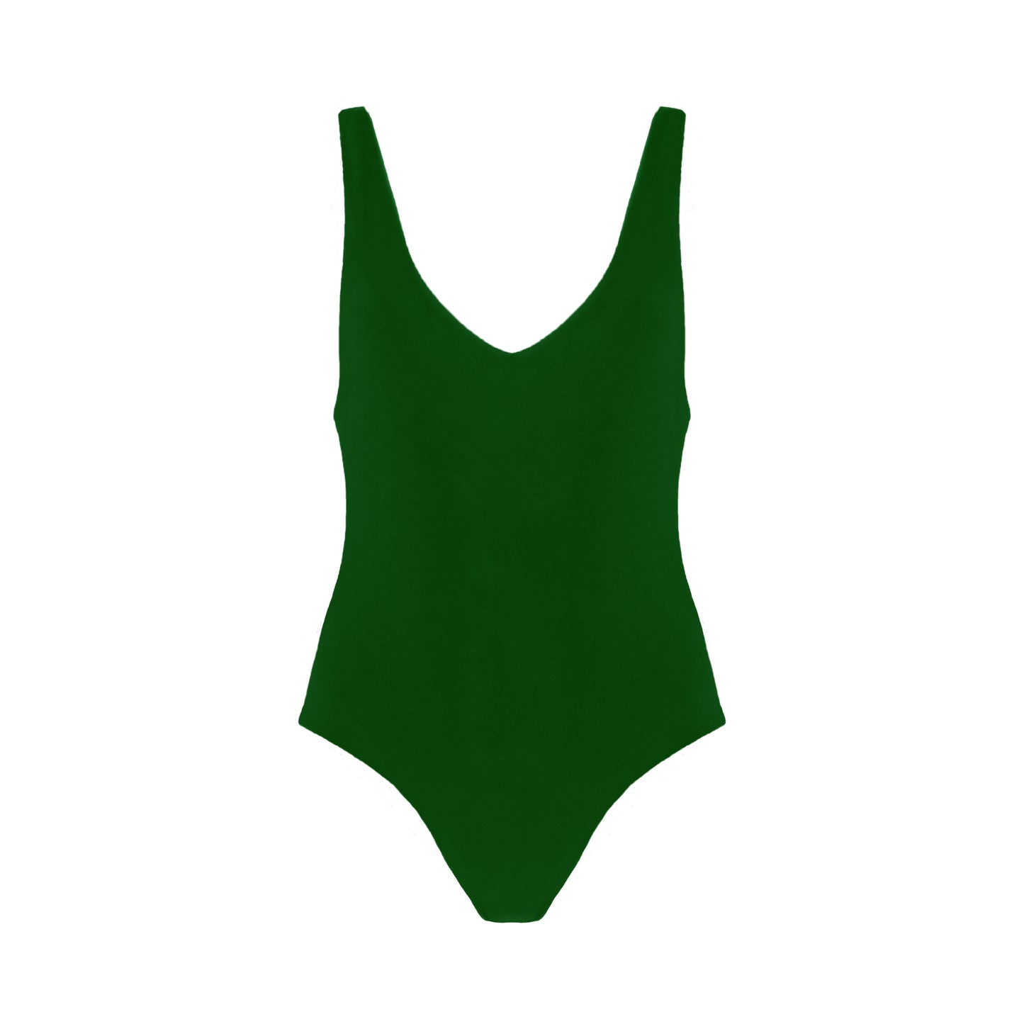 Forest green plunging v-neck one piece swimsuit with low back, high cut legs, and cheeky bum coverage.