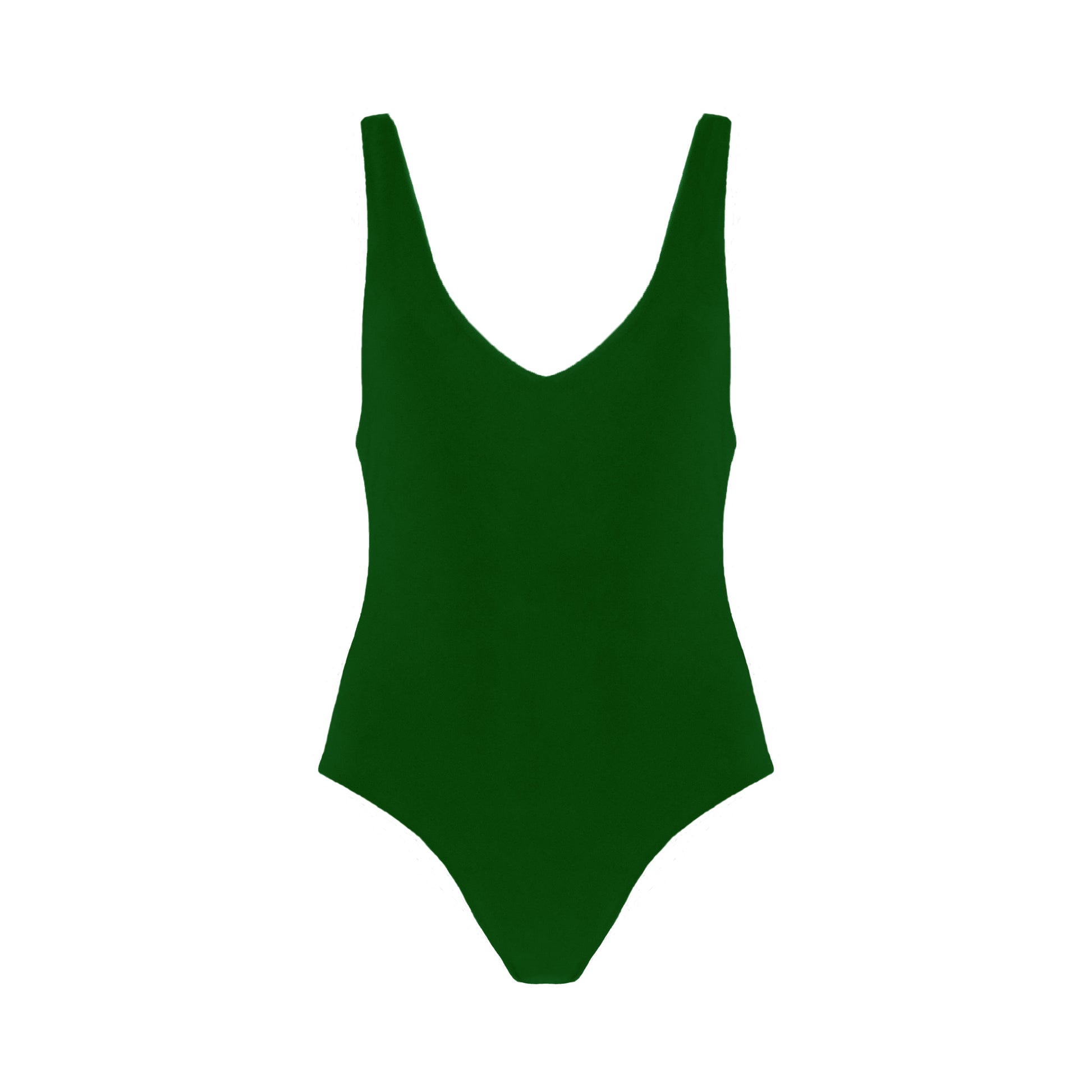 Forest green plunging v-neck one piece swimsuit with low back, high cut legs, and cheeky bum coverage.