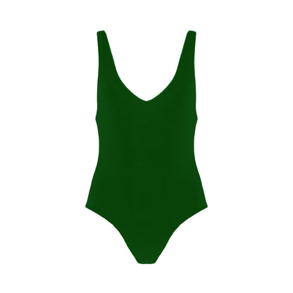 Forest green plunging v-neck one piece swimsuit with low back, high cut legs, and cheeky bum coverage.