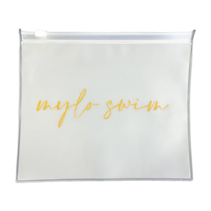 Biodegradable ziploc pouch for wet swimwear or beach items. Pouch has mylo swim scripted in gold across. 