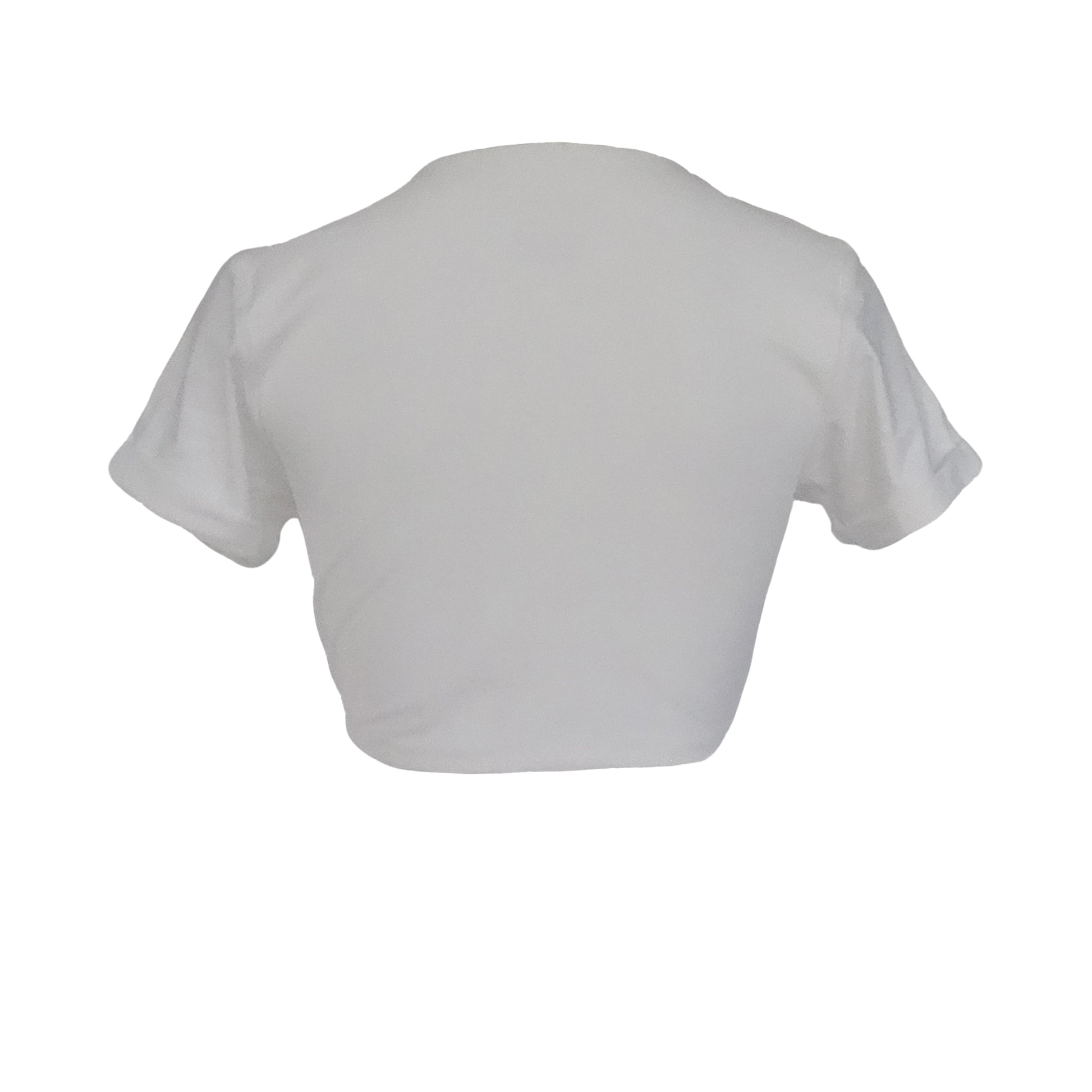 Back view of white short sleeve bikini top with adjustable tie front and rolled cuff short sleeves. This bikini top has a plunging neckline illusion and gives versatility to double as a crop top.