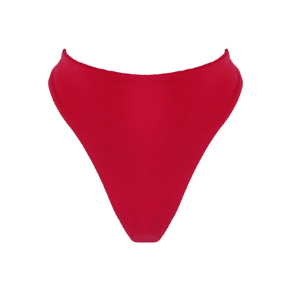 Red High waist thong bikini bottom with high cut legs and thong bum coverage.