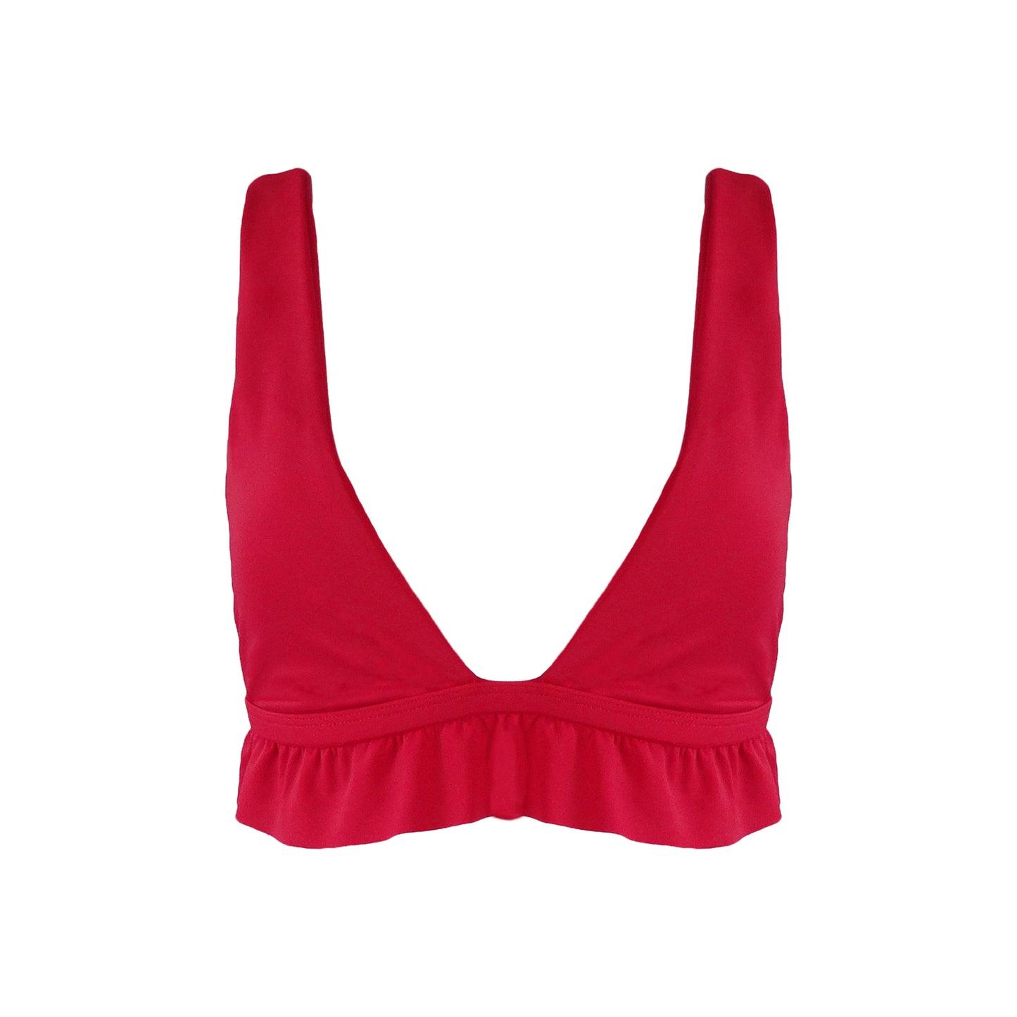 Red bralette style Plunging V-neck bikini top with ruffle hem.