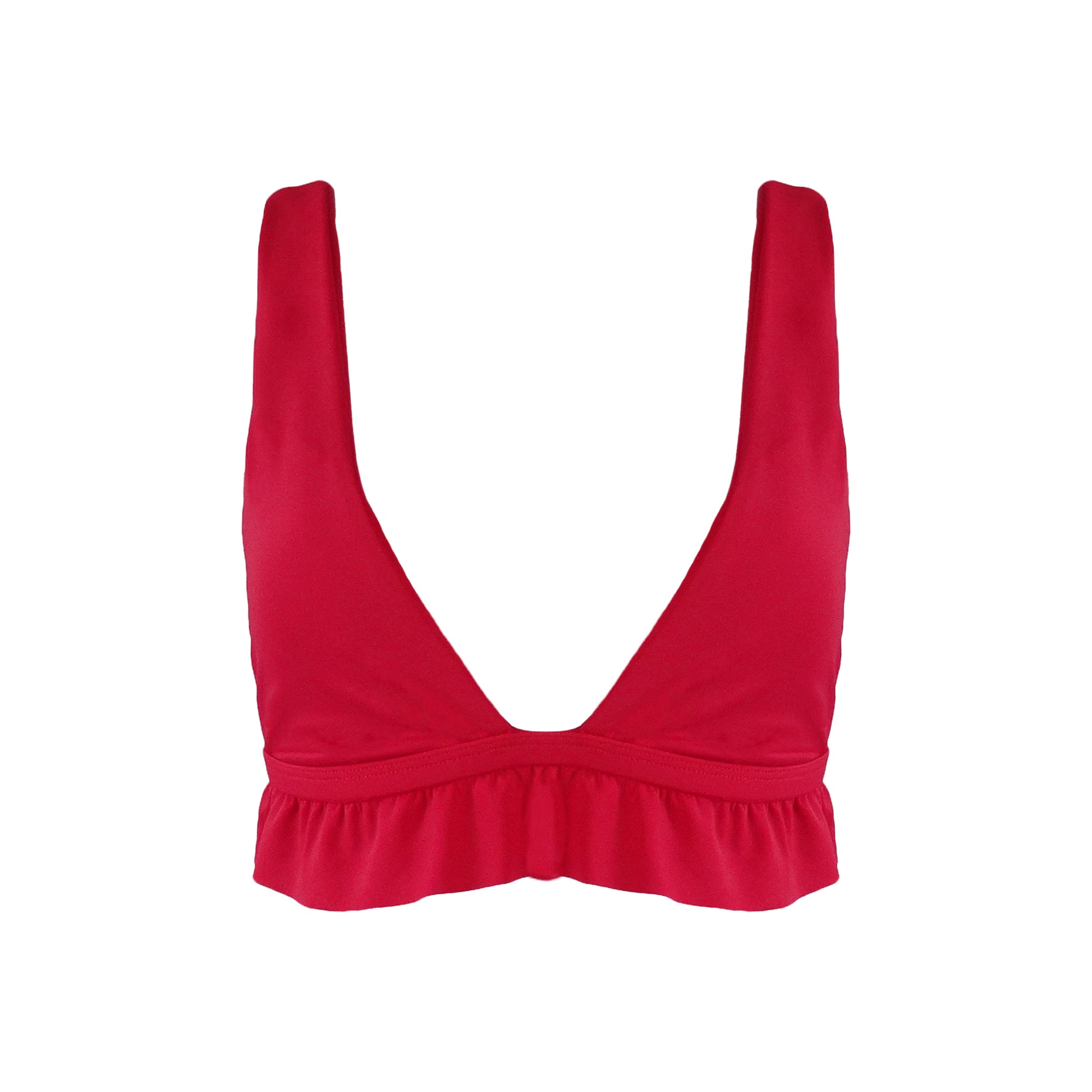 Red bralette style Plunging V-neck bikini top with ruffle hem.