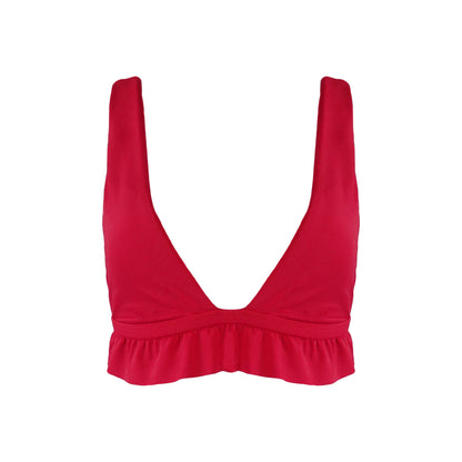 Red bralette style Plunging V-neck bikini top with ruffle hem.