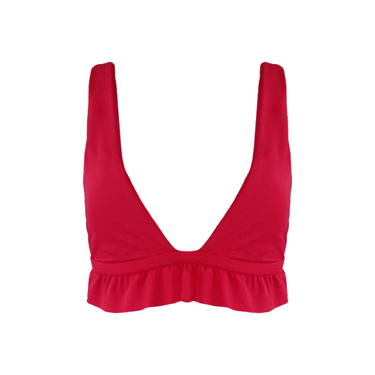 Red bralette style Plunging V-neck bikini top with ruffle hem.