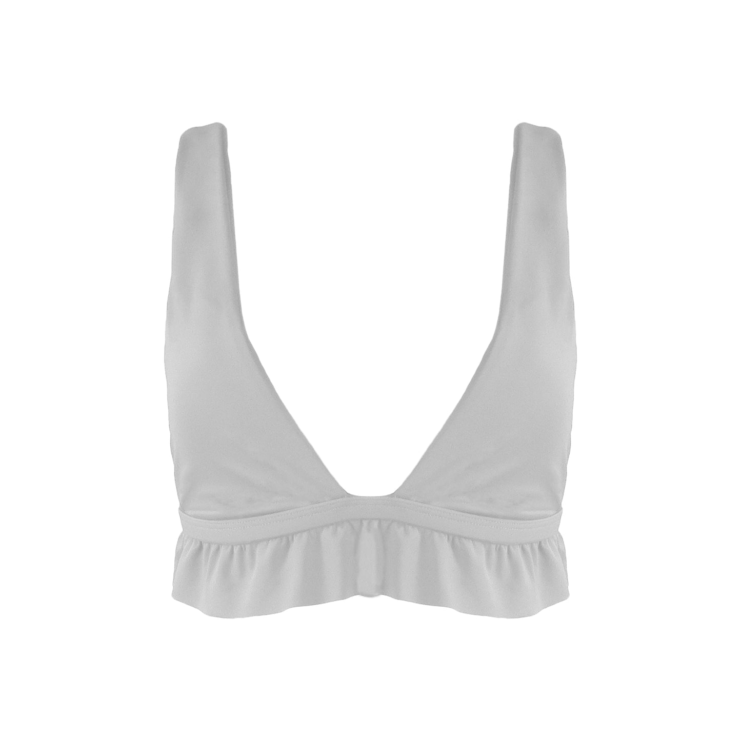 Light grey bralette style Plunging V-neck bikini top with ruffle hem.