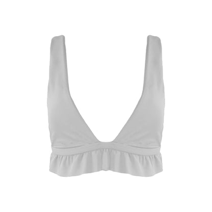 Light grey bralette style Plunging V-neck bikini top with ruffle hem.