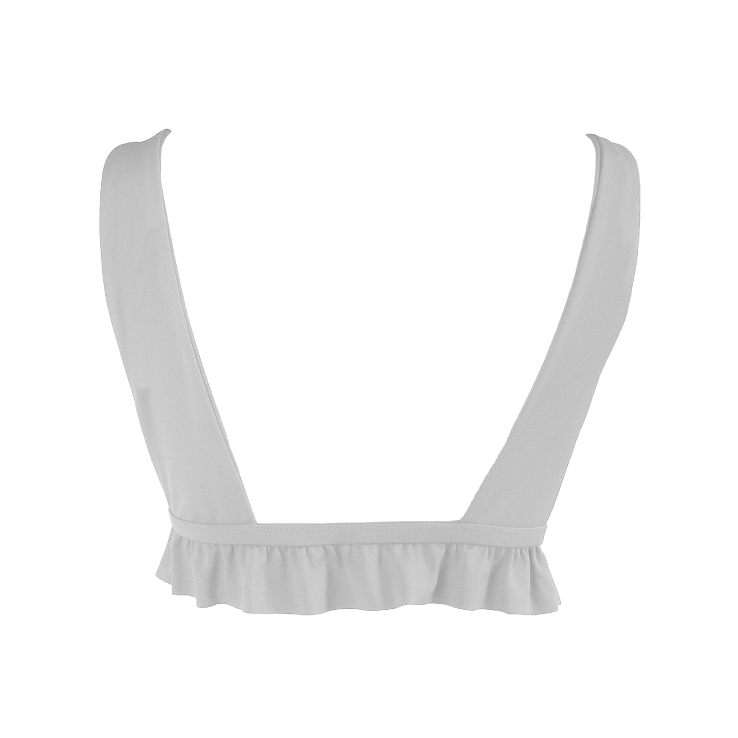 Back view of light grey bralette style Plunging V-neck bikini top with ruffle hem.