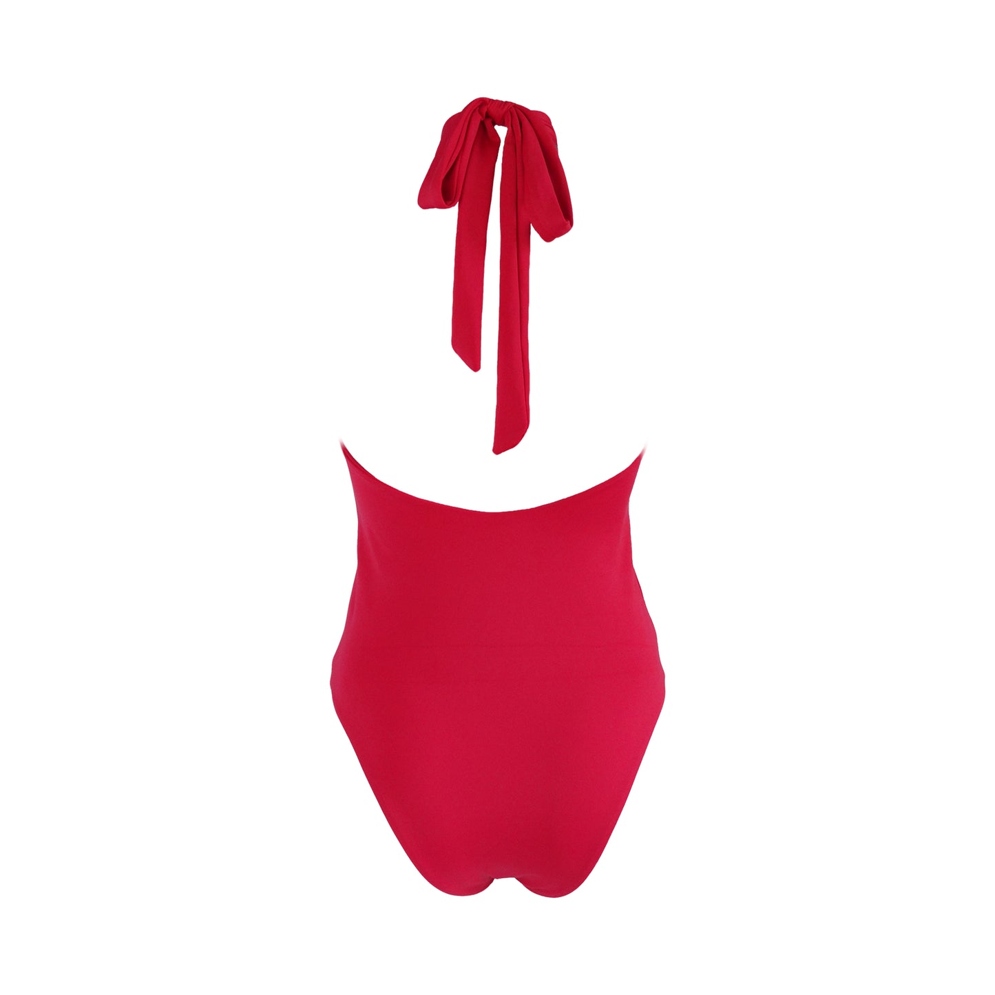 Back view of Tie mock neck halter one piece swimsuit with a low back, high cut legs and cheeky bum coverage.