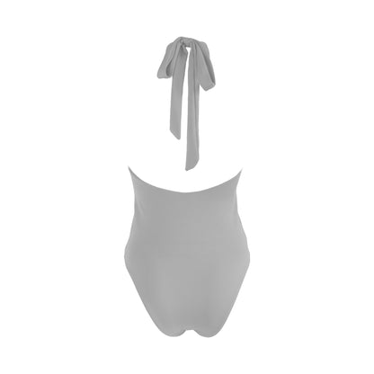 Back view of light grey Tie mock neck halter one piece swimsuit with a low back, high cut legs and cheeky bum coverage.