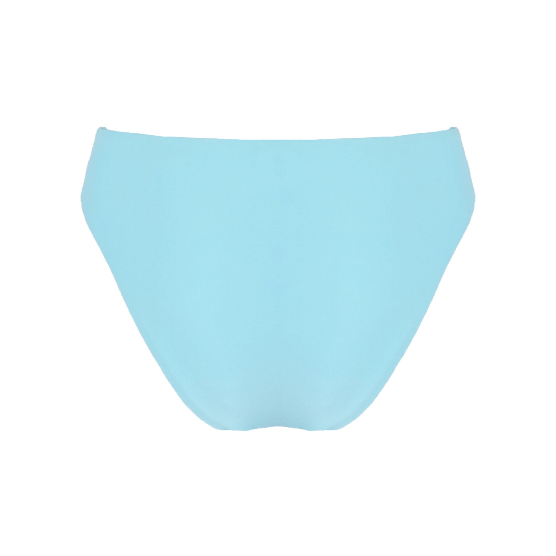 Back of ocean blue high waist cheeky bikini bottom with high cut legs, shapewear benefits, and full bum coverage.