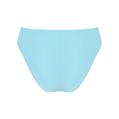 Back of ocean blue high waist cheeky bikini bottom with high cut legs, shapewear benefits, and full bum coverage.