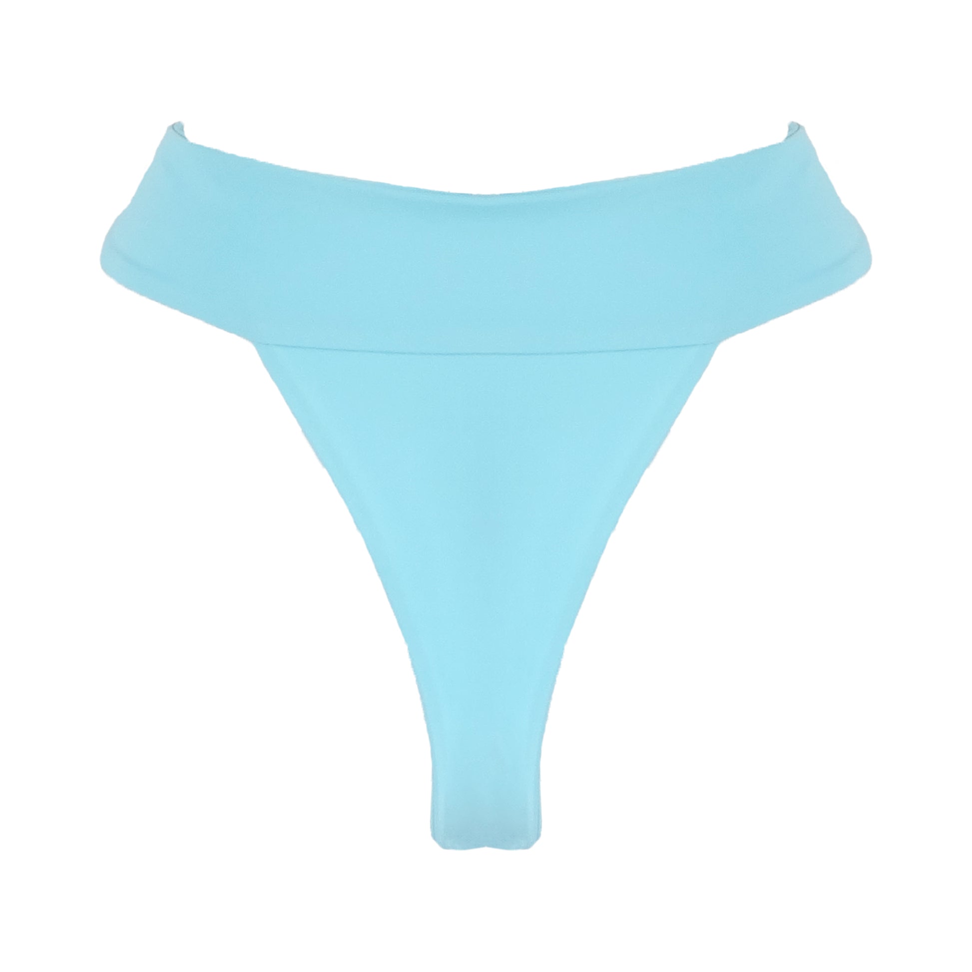 Back of Ocean blue banded high waist thong bikini bottom.