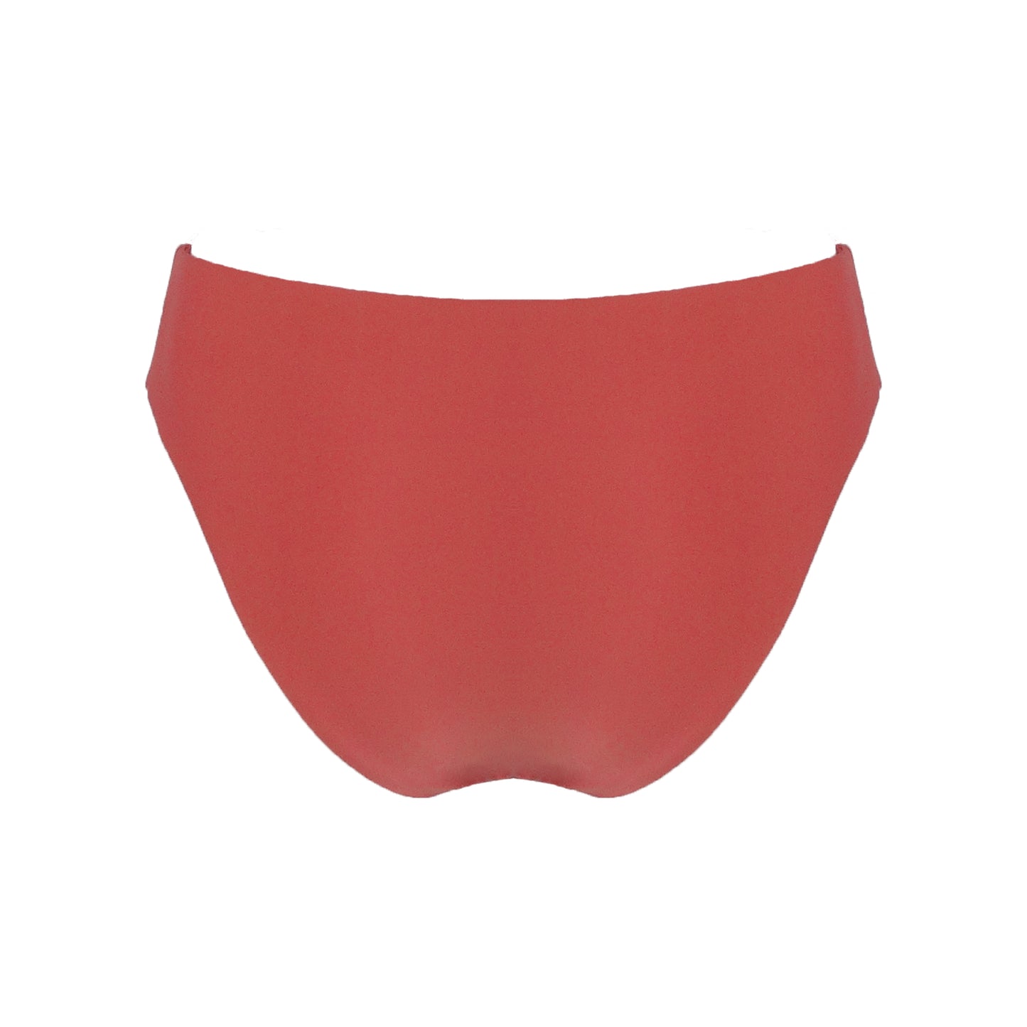 Back of terracotta rustic orange high waist cheeky bikini bottom with high cut legs, shapewear benefits, and full bum coverage.