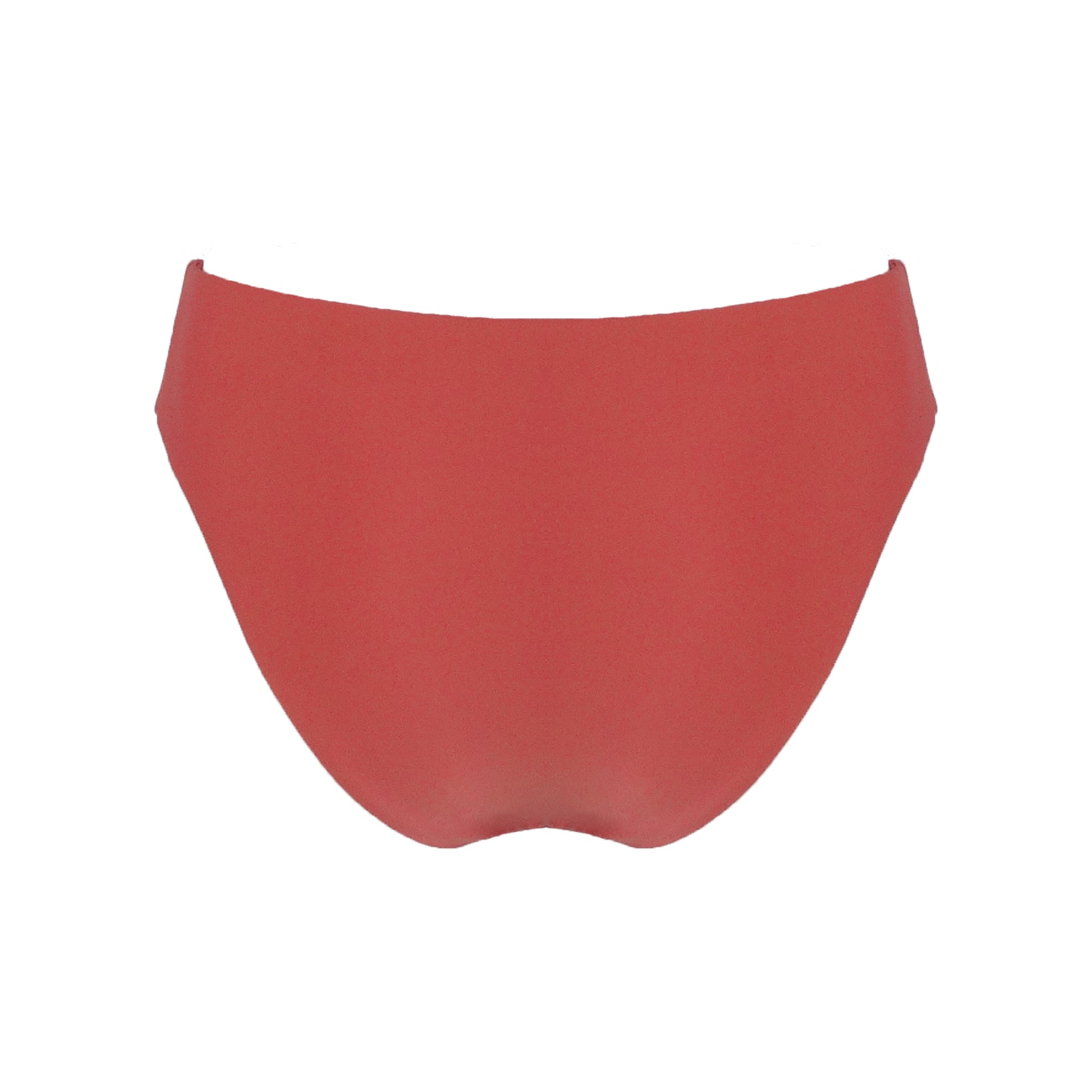 Back of terracotta rustic orange high waist cheeky bikini bottom with high cut legs, shapewear benefits, and full bum coverage.