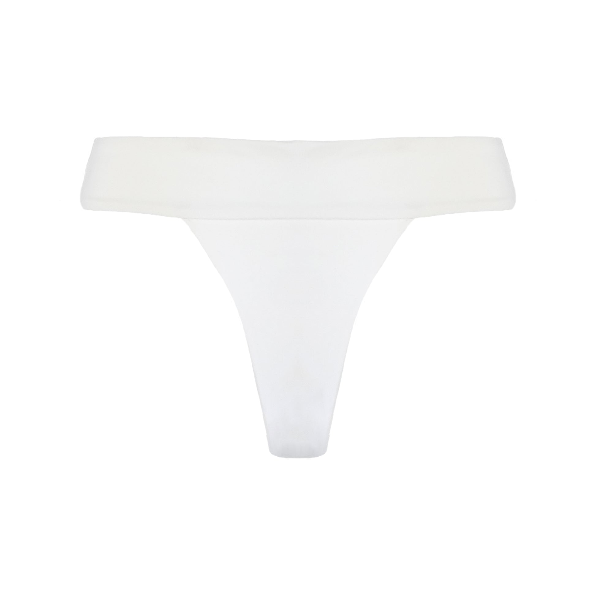 Back of white banded high waist thong bikini bottom.