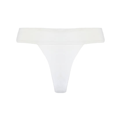 Back of white banded high waist thong bikini bottom.