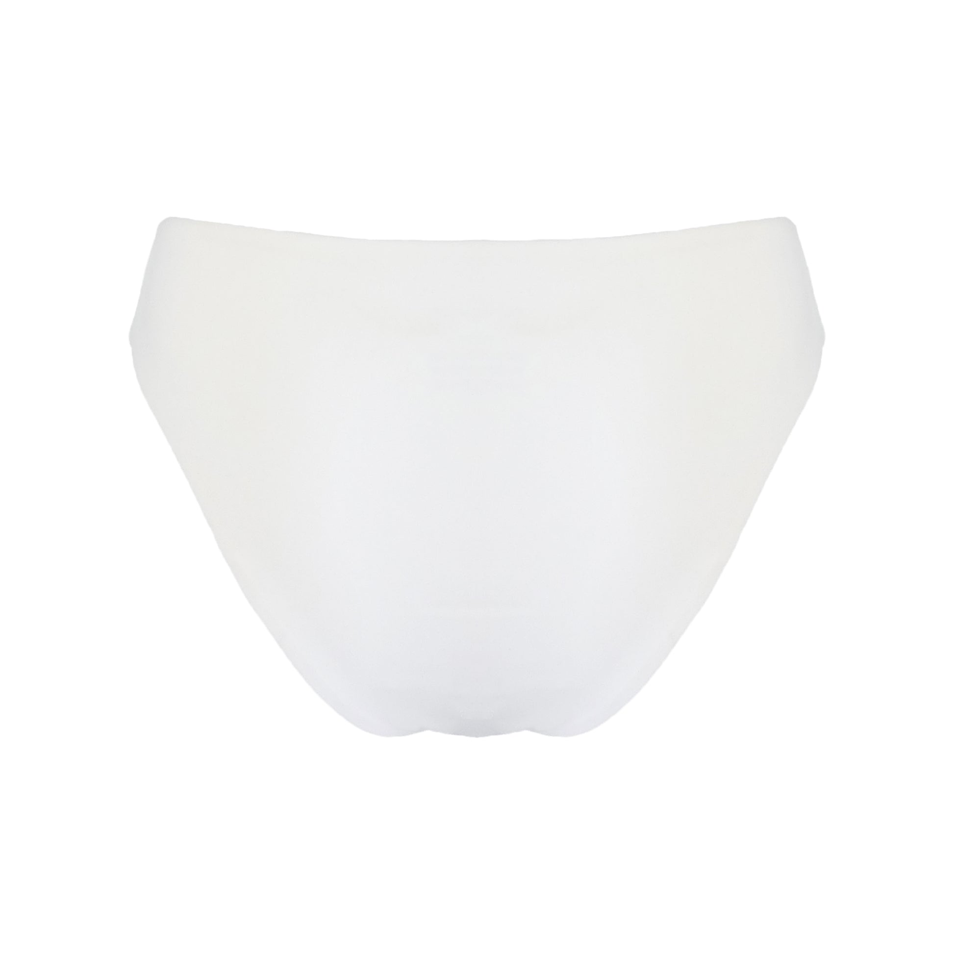 Back of white high waist cheeky bikini bottom with high cut legs, shapewear benefits, and full bum coverage.