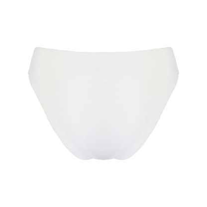 Back of white high waist cheeky bikini bottom with high cut legs, shapewear benefits, and full bum coverage.