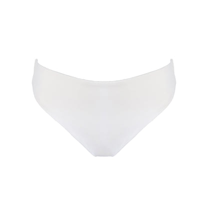 White high waist cheeky bikini bottom with high cut legs, shapewear benefits, and full bum coverage.