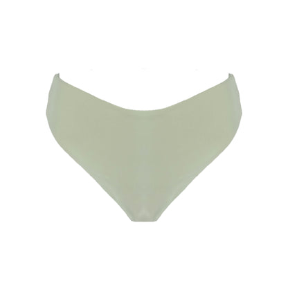 Sage high waist cheeky bikini bottom with high cut legs, shapewear benefits, and full bum coverage.